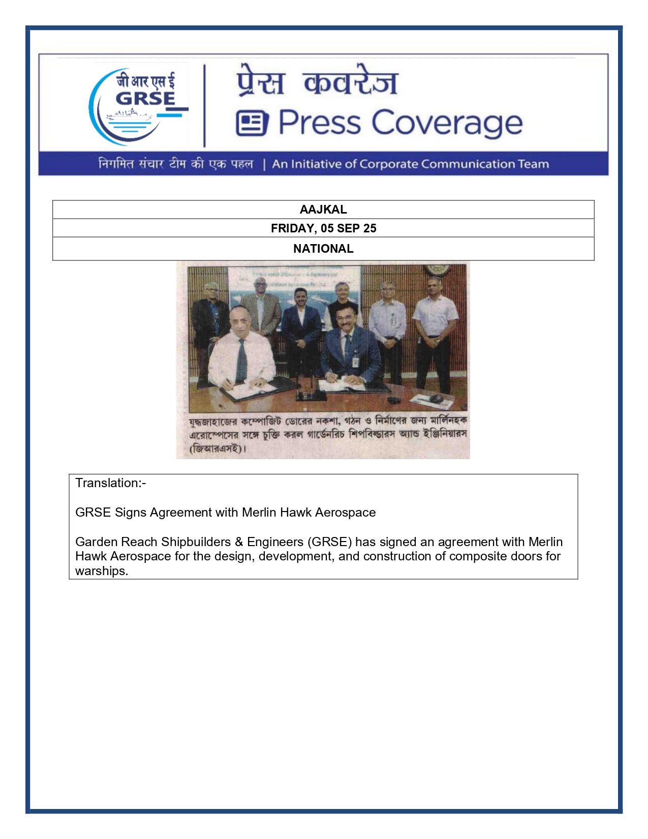 Press Coverage : 05 Sept 25:GRSE,Merlinhawk sign deal on ship components